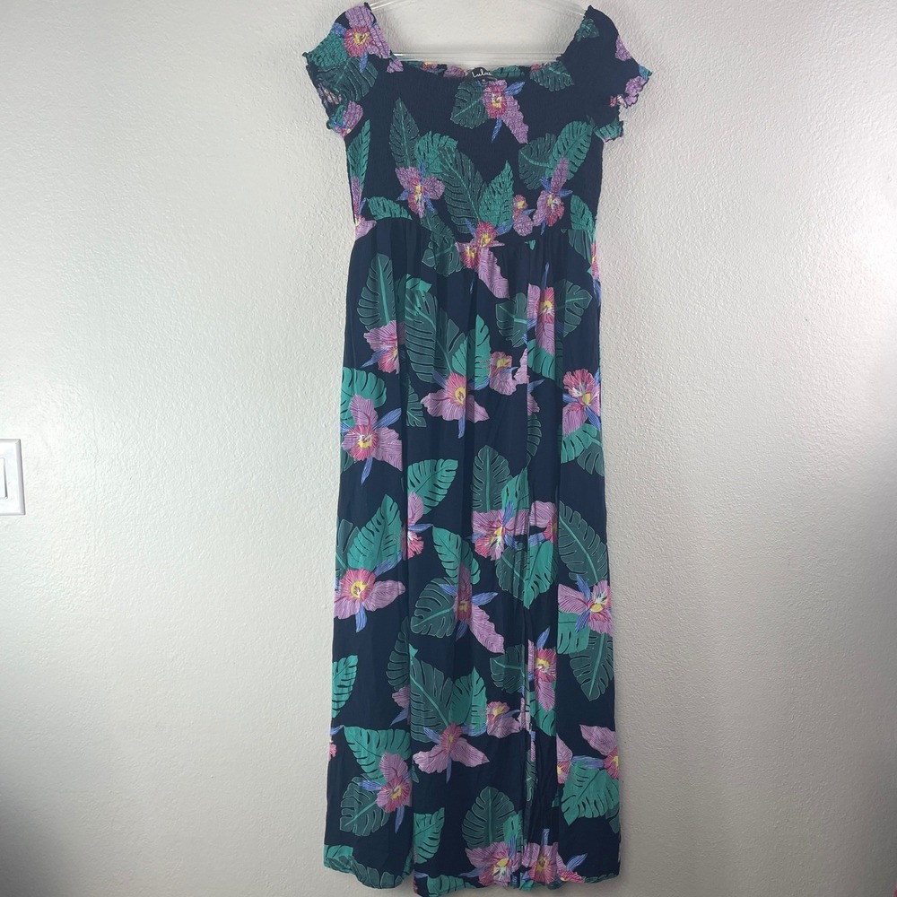 Lulus Tropical Floral Smocked Maxi Dress XL Slit Navy Blue Boho Vacation Summer